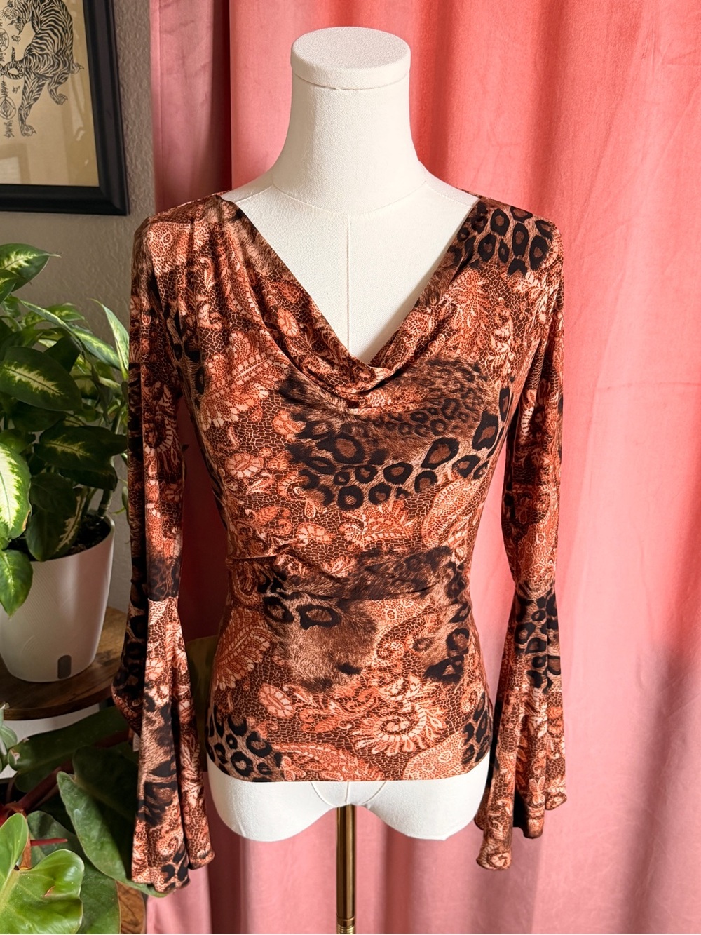 Vintage Y2K Vizio Animal Print Cowl Neck Long Sleeve Top With Bell Sleeves